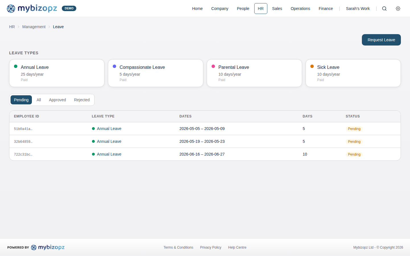 Leave management with approval workflows