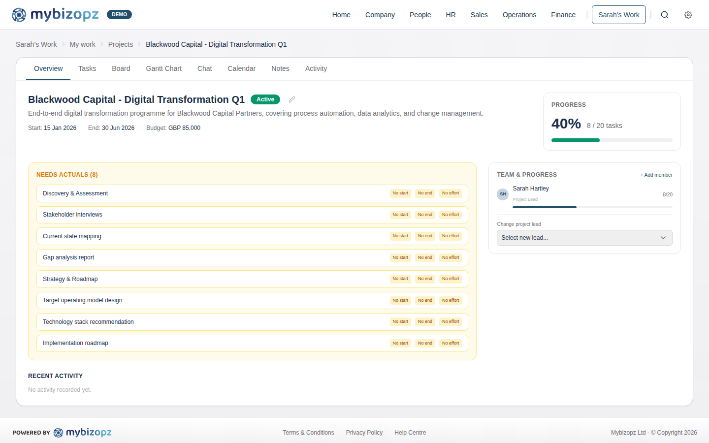 Project overview with progress, team and budget