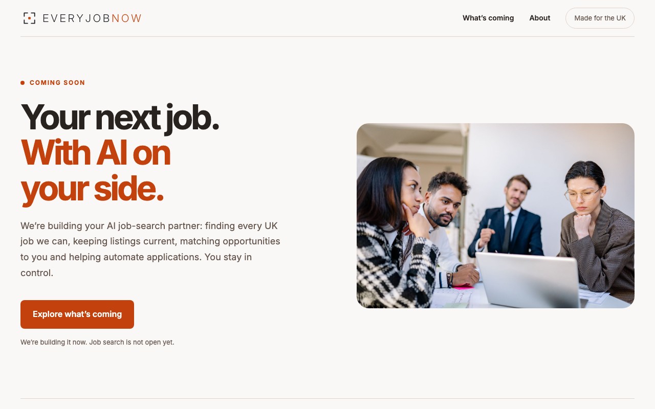 The EveryJobNow coming-soon website: your next job, with AI on your side