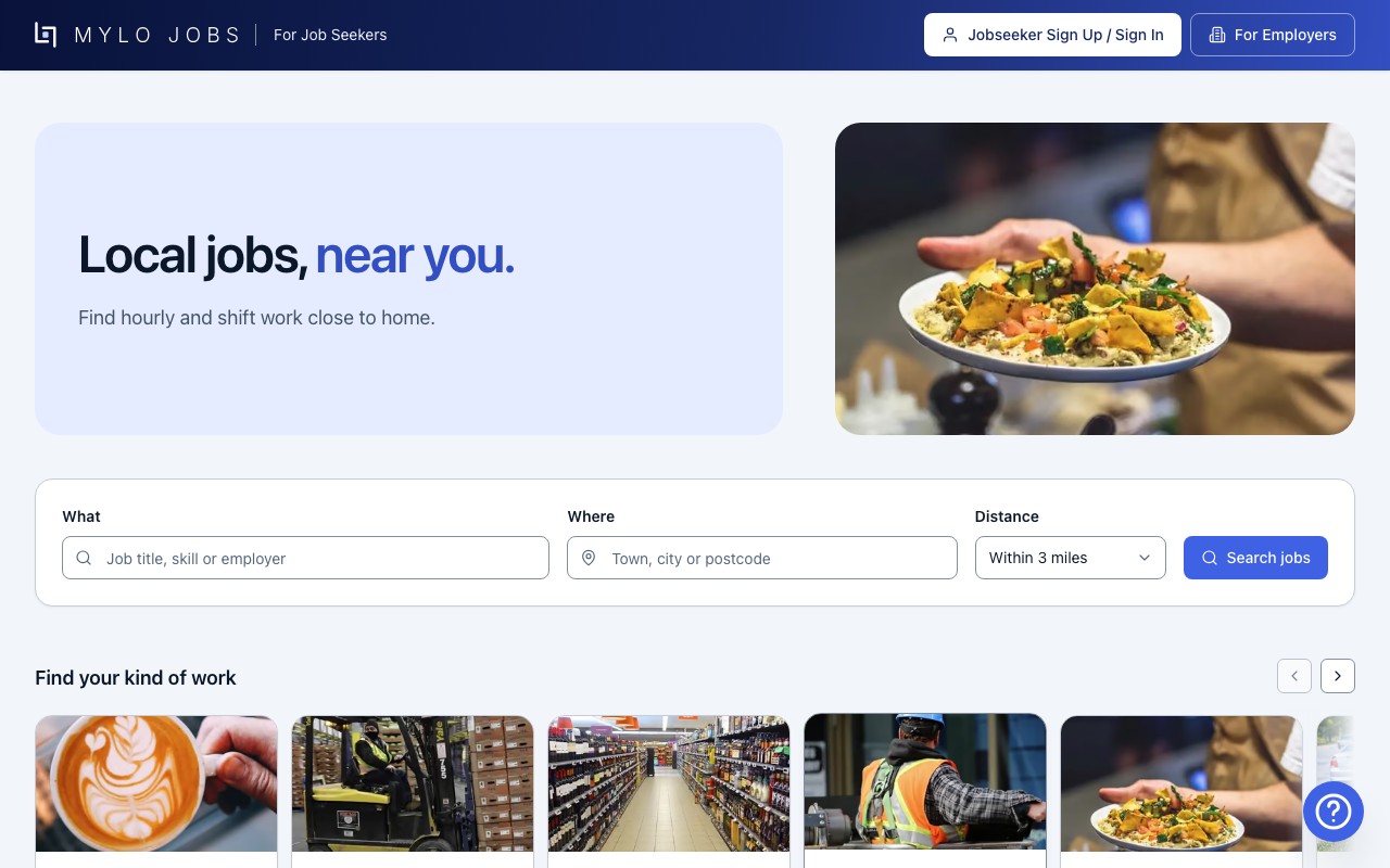 The Mylo Jobs website: search for local jobs near you