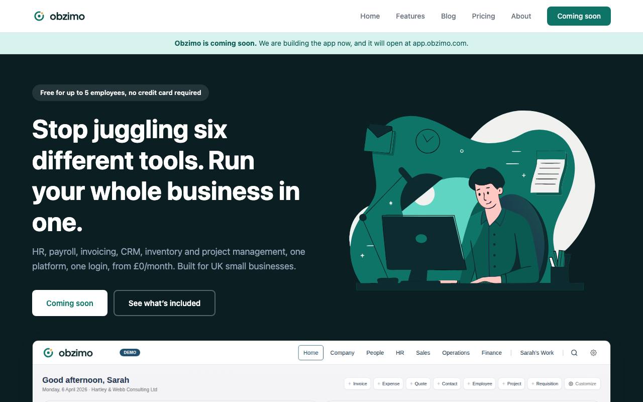 The Obzimo website: run your whole business in one place