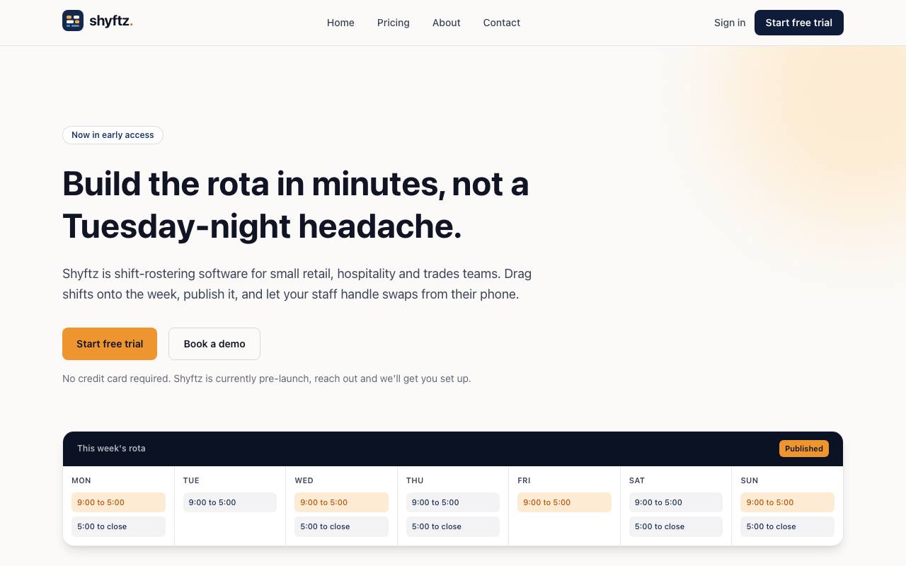 The Shyftz website: build the rota in minutes