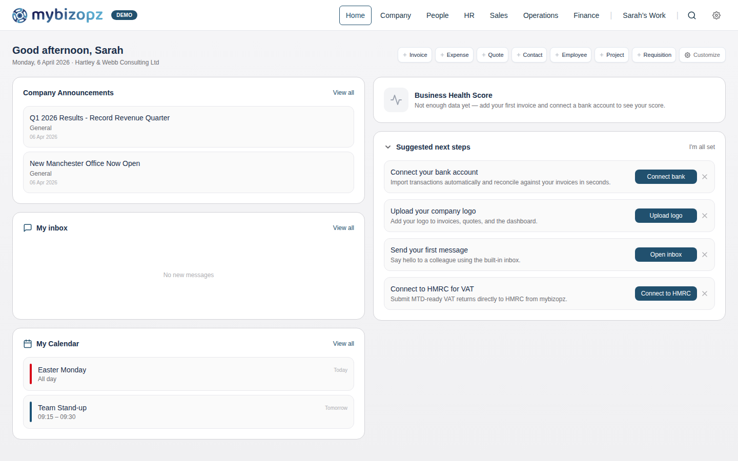 mybizopz dashboard showing business announcements, health score, calendar and tasks