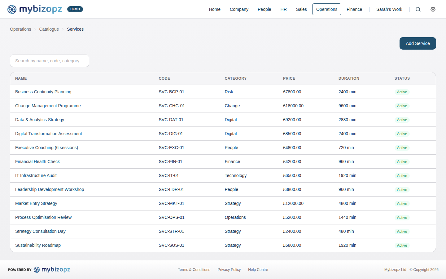 mybizopz service catalogue with pricing and durations